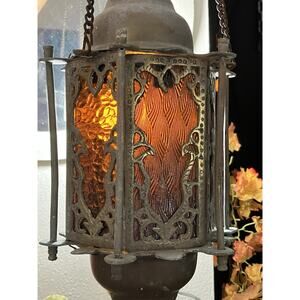 Antique Brass Hexagon Hanging Lantern Amber Glass VTG Moroccan Turkish Islamic